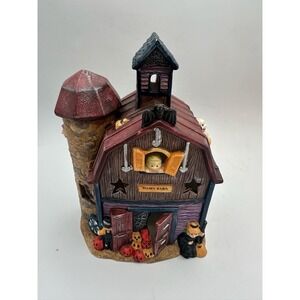 Halloween Handpainted Ceramic Dairy Barn Lit with Spooky Pumpkins Witch Ghost